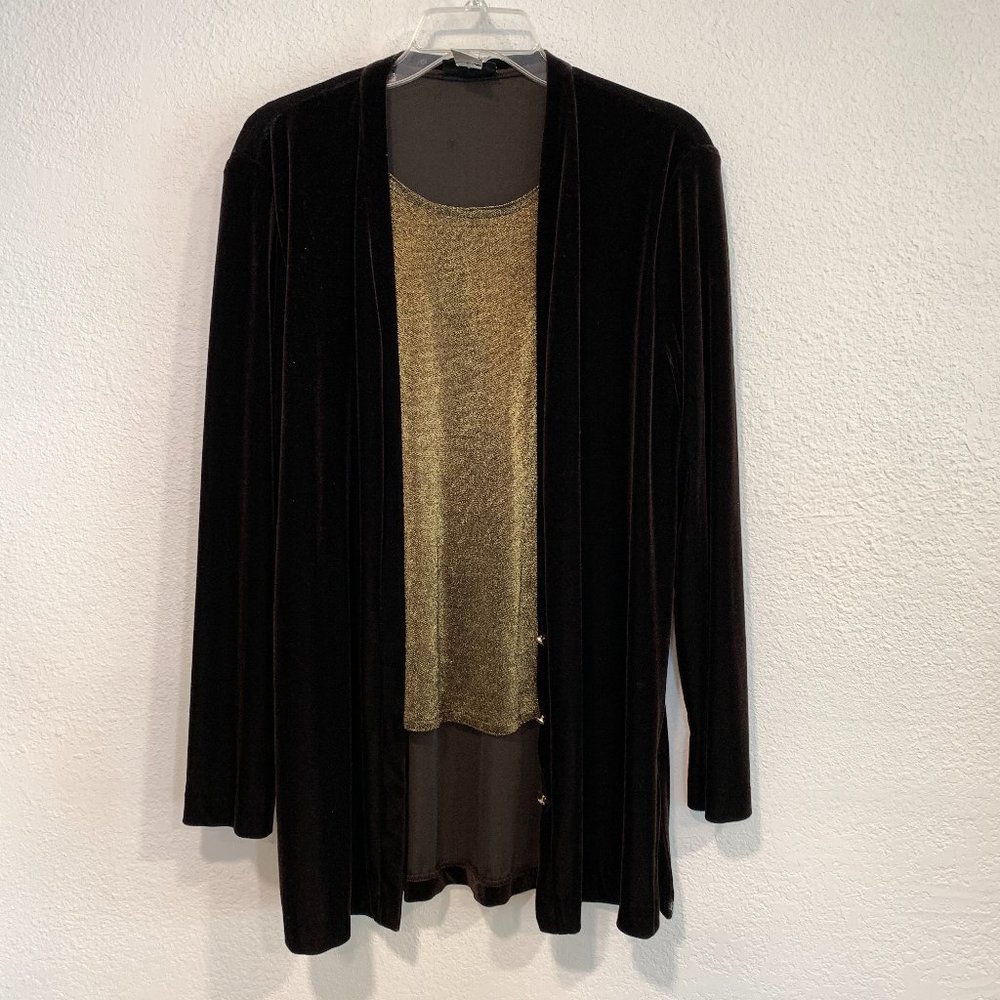 Citi Dress Dark Brown Velvet Tunic Blazer with Attached Gold Sparkle Tank Size 8